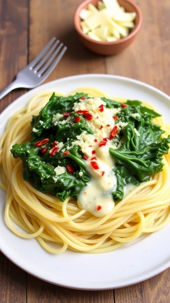 Creamy kale pasta sauce over spaghetti, garnished with Parmesan and red pepper flakes on a rustic table.